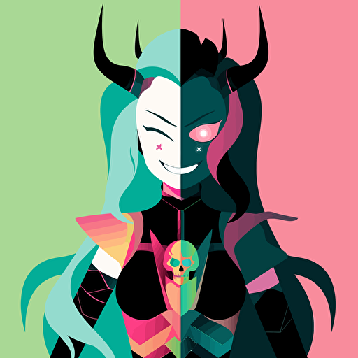 A colorfull lesbian female darth vader, goofy looking, smiling, minimalistic, flat light, white background, vector art