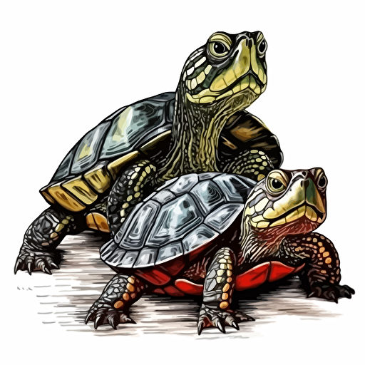 Red-Eared Slider reptiles looking straight in the camera, white bg, vector