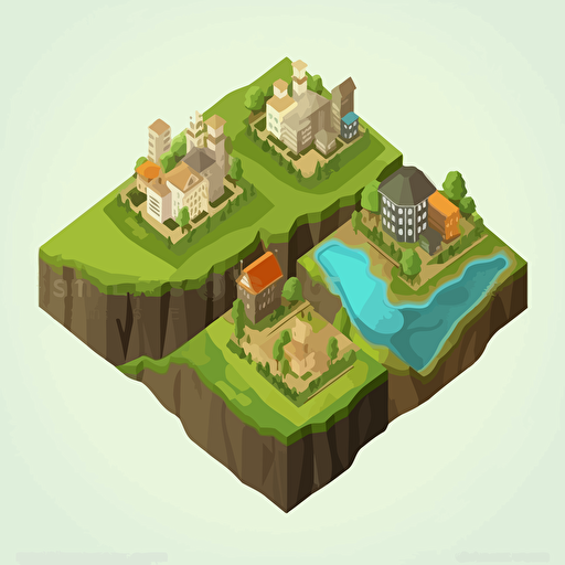 isometric city, three houses, earth in a section many layers, green lawn, several layers of soil of different colors, on an island, vector, very detailed, high quality,