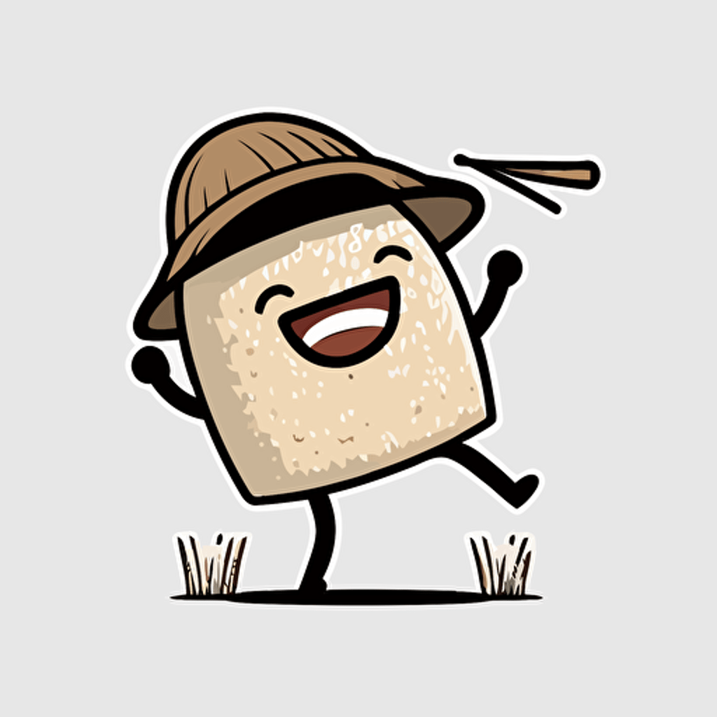 grain of rice dancing, stickman, solid body, simple line arms legs, laughing, with traditionnal asian hat, drawing, vector, sticker