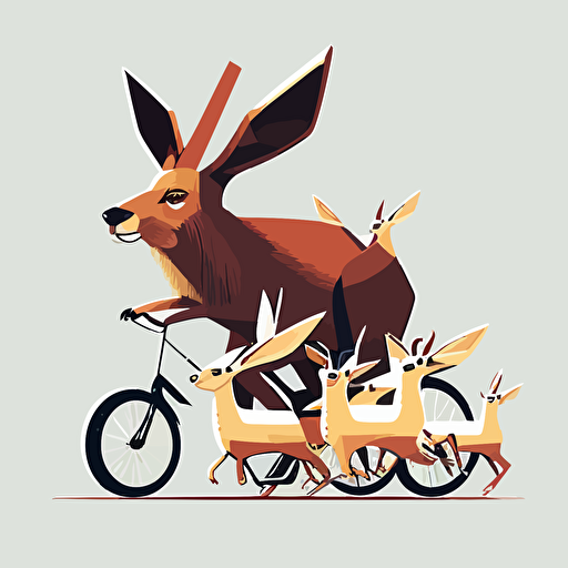 adorable jackalope on a tricycle fleeing from a pack of angry dogs, head on perspective, vector logo, vector art, emblem, simple cartoon, 2d, no text, white background