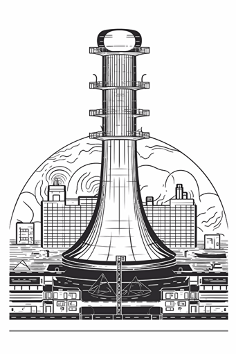 a board game card that is depicting an illustration of a nuclear power plant in a vector line drawn form, black and white.