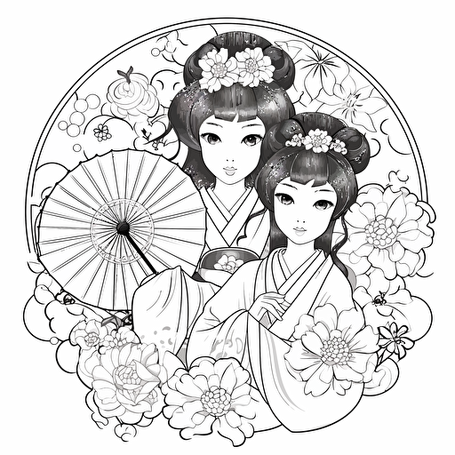 Japanese style No Shadow Cartoon Coloring page Vector Simple