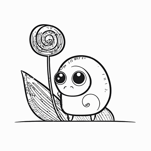 cute snail in farm, big cute eyes, pixar style, simple outline and shapes, coloring page black and white comic book flat vector, white background