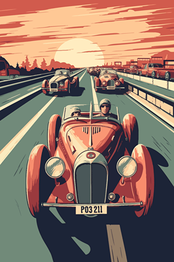 1940's car racing sport event in cartoon vector style,