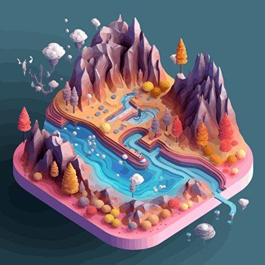 visualize isomorphic data mapping, isometric, vector shapes, nature terrain theme, magical theme