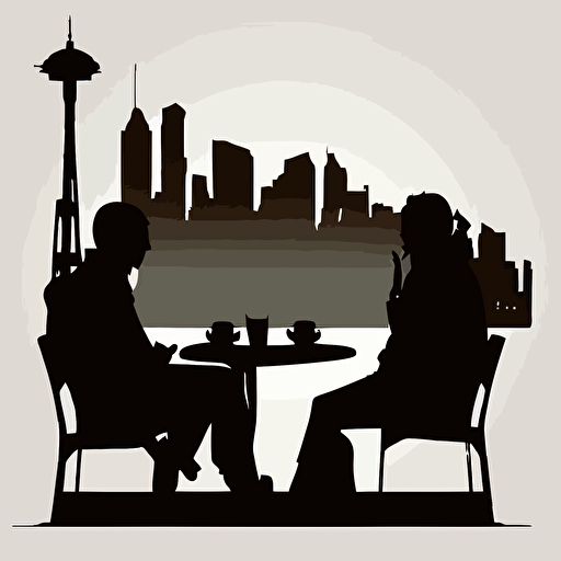 Illustration of an urban environment of two people drinking coffee in the background of the Seattle city skyline silhouette, vector isolated on the white back ground