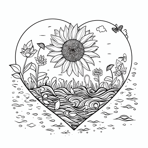 a heart vector with black outline, and inside the heart there will be a smiling sunflower in cartoon style, swimming in the sea, minimal illustration, cartoon style in black and white
