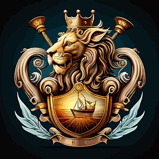 elegant coat of arms vector grahics, center lion holding a ship. Above a majestic helm with a golden crown, on the left a wing, on the right a sea creature. High-Resolution Illustration