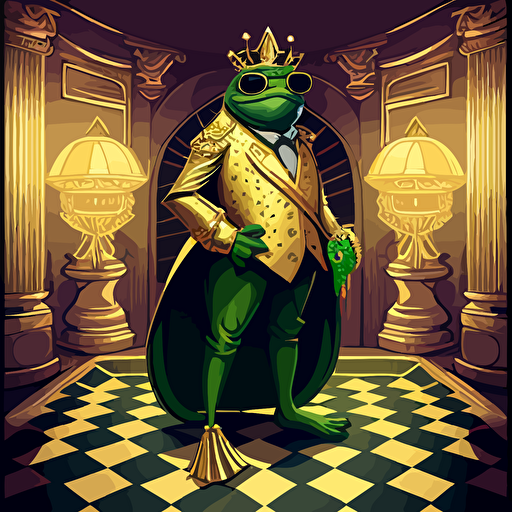 Influenced by the Art Deco style, create a vector illustration of KEK (in his frog form resembling Pepe the Frog) adorned in lavish golden armor, attending a grand ball. Set the scene in an opulent, geometric ballroom during a glamorous event. KEK casts a mysterious gaze upon the other attendee