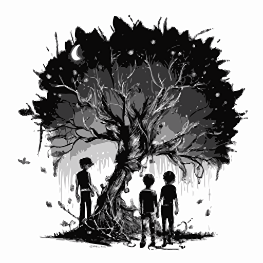 black and white vector illustration of tall and skinny magical tree, with branches that twisted and turned in every direction. three boys and a girl playing around it.