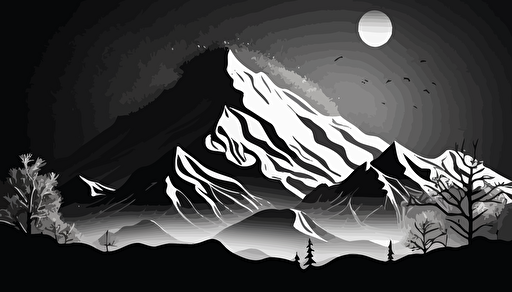 a vector 2D snow covered mountain in black and white only