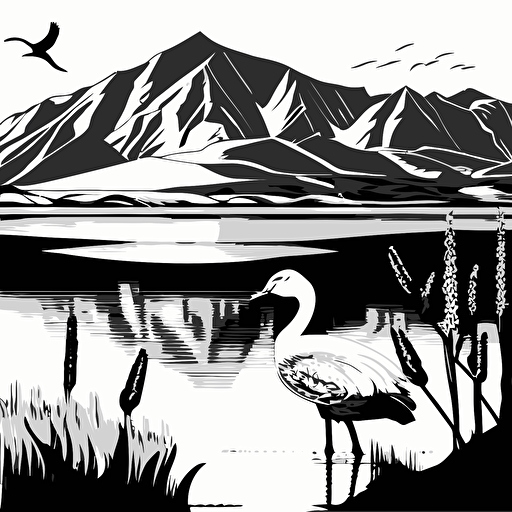 a 2d black and white vector drawing including lake neusiedl with a stork mixed with the mountains of serfaus in the alps
