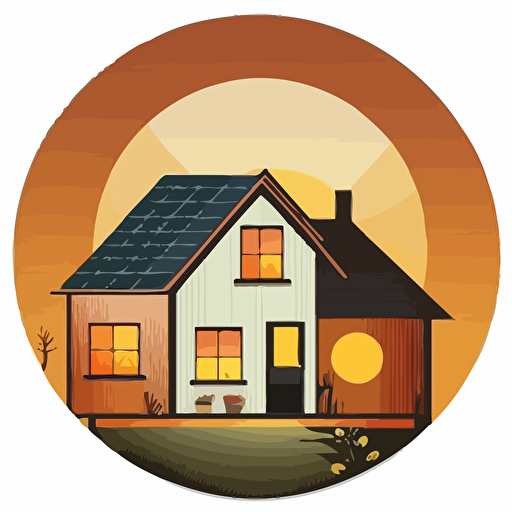 simple icon, vector small round sticker, small house with solar panels during sunset