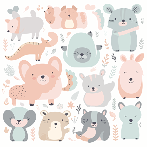 A flat vector illustration of cute animal clip art in pastel colors, perfect for decorating a nursery or child's room
