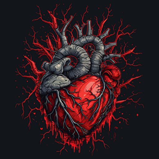 anatomic heart growing from vines out the ground. Thorns. Red paint splatter. Vector. Drawing. Black background.
