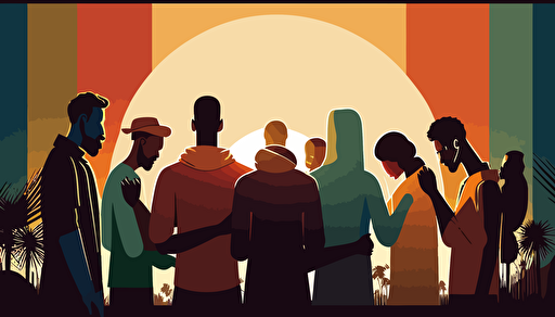 vector art, subtly, yet richly colored animated people, group, praying together, sunny background