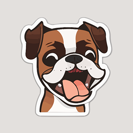 Cute, happy, smiling boxer dog head sticker logo, dog tongue out, chibi style, cartoon, clean, vector, 2d, white background, no accessories, without accessories, no text, without text