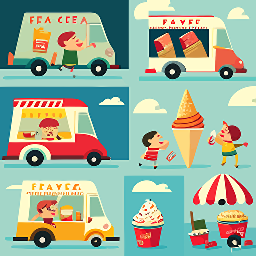 fast food, multiple angles ,children's book illustration style, simple, full color, flat color,vector