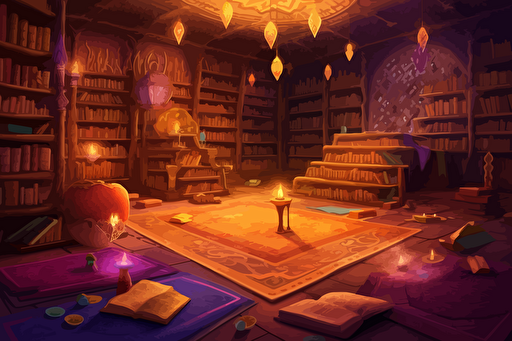 mystical underground library by Paul Gustaf Dore. Bookshelves, piles of books, scrolls, golden & white decor, marble floor, purple and gold carpets, purple glowing braziers, mystical, biblical copperplate art, retro 90s box art, vector style, inking, retro game, pixel art, high detail, less warm colors