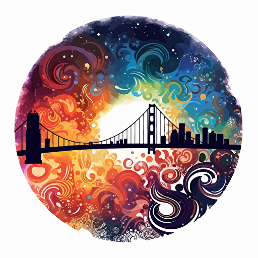 colorful vector art, san francisco shilouette in a galaxy, swirl patterns, white background