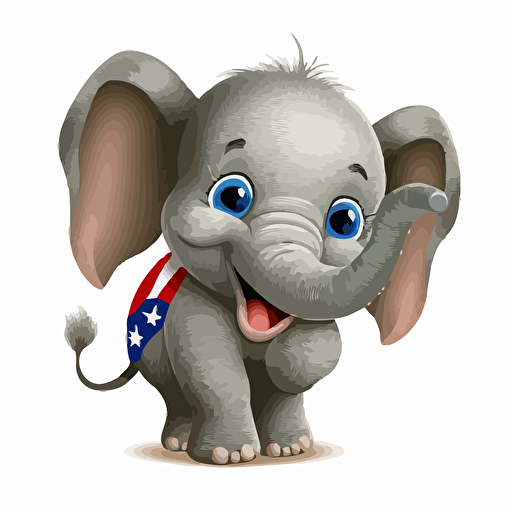 A gorgeus baby fur USA republican elephant, smiling, republican party style, white background, vector art , pixar style