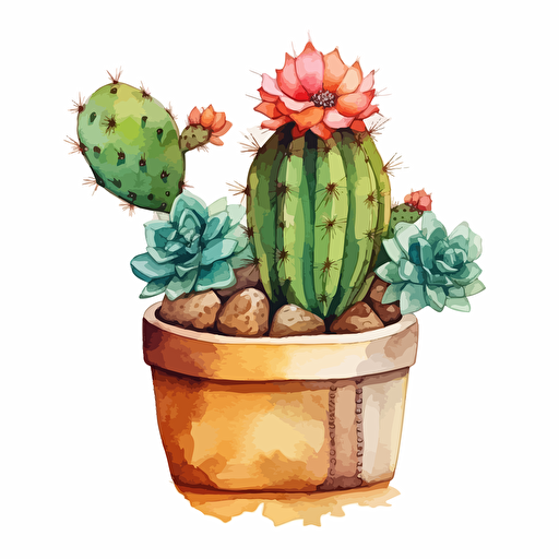 watercolor vector illustration boho cactus in a clay pot sticker white background