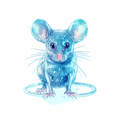 a laboratory mouse vector art, the mouse is made from transparent gel. the brain of the mouse is exposed and visible in the head of the mouse and the brain is blue