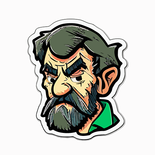 Cartoon [Farmer] head Sticker, white background , [80's sci-fi colours], vectorised, die cut sticker, no image noise, no lettering, hyperdetail, maximum detail