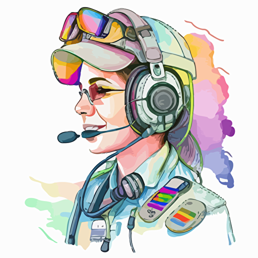 female with pilot headset and mic pastel, rainbow, simple vector drawing, watercolor, 2d, cartoon
