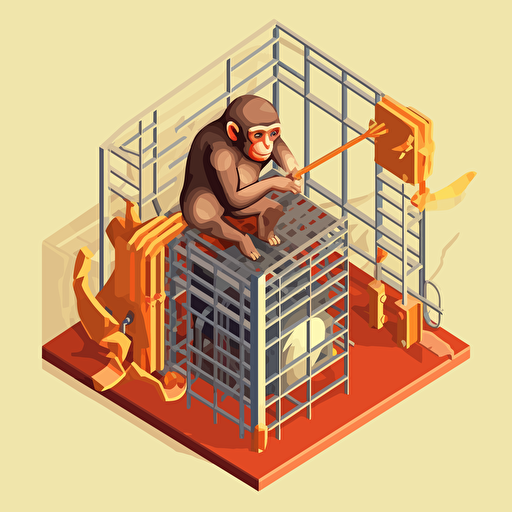 cartoon vector isometric images of broken monkey cage, under repair, no monkeys