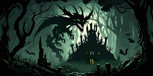 Background, environment, battleground, fantasy, green, forest, monster, large platform in center, wild environment, dark fantasy, green and black color scheme, vector, flat design