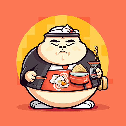 Tokyo, A kawaii-style cartoon sumo wrestler holding a bowl of ramen and a sake bottle, sticker art, vector art