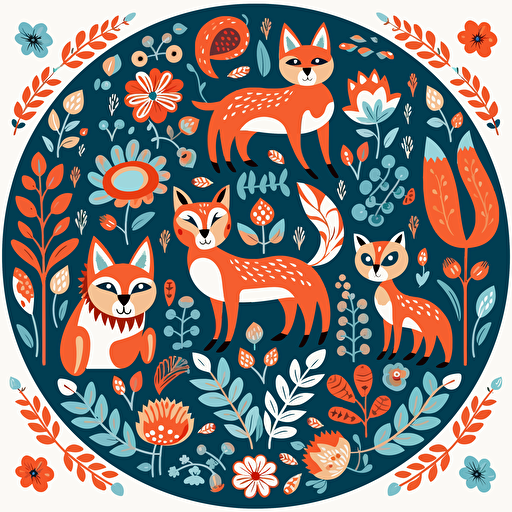Scandinavian folk elements of hares, foxes, flowers, leaves, birds, round image, flat vector style