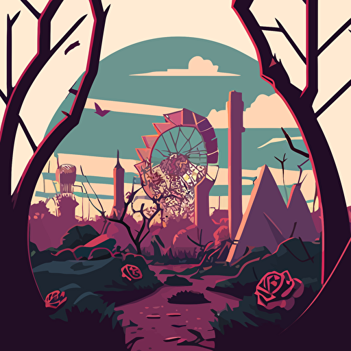 a view of a abandoned city in the background from vacant woods in the foreground with shrubs, trees, dead roses, clouds, broken carnival rides in the distance, figurativism academic art, flat illustration, vector style, perfect detail human shape, hyper detailed