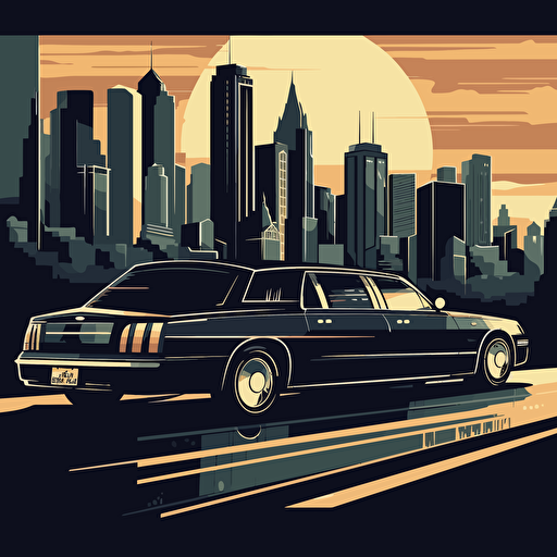 black stretch Limousine driving through Chicago, vector illustration, Gotham city,