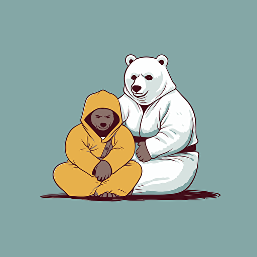 Bear layed out flat on the ground with a different Bear kneeling over it with one knee on its stomach, Both Bears wearing jiu jitsu clothes,, vector animation illustration, 4 colors limit, solid background, high resolution