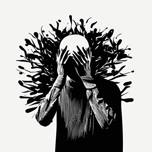 vector image, black and white, minimalist, grunge, bald person with hands covering his face from multiple directions, lots of hands
