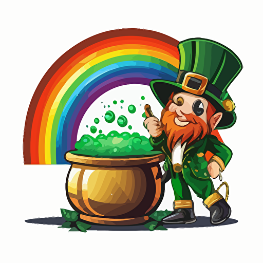 leprechaun at end of rainbow with pot full of gold coins, vector logo, vector art, emblem, simple cartoon, 2d, no text, white background