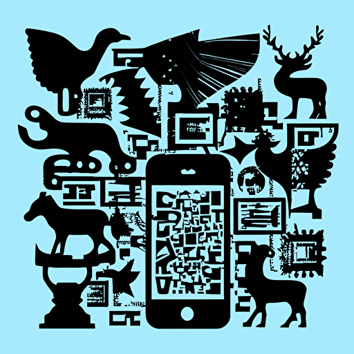 a vector illustration of silhouettes of objects arranged in a QR code delivery form, these objects are old-fashioned, minimal in style, only blue and black tones,