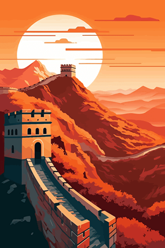great wall of china, illustration, painting, bright lighting, sun in sky, flat,vector