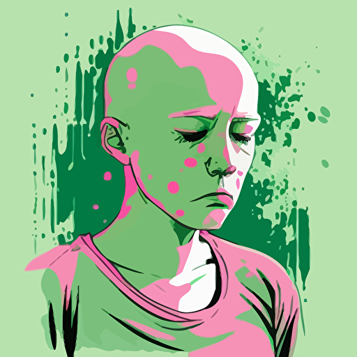 vector,pink,light green, bald girl,depressed,sad,crying, glass head,shaved head