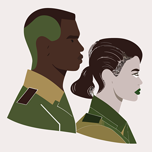 A vector image is to be used as an icon. Two people. One male African male with a short military-style haircut. And a white female with long brunette dark hair. They are facing each other.