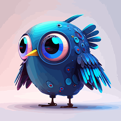 happy, cute, fat, robotic blue bird, large eyes, subtle gradients, colorful feathers, flat style, vector art, 2d