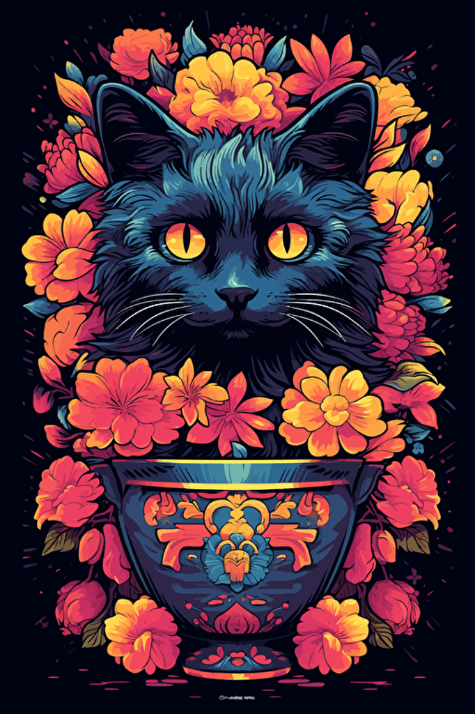 colorful svg vector drawing of a beautiful cat in front of a vase full of flowers