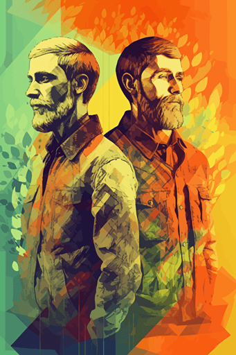 an old real picture of a young gay couple with colorful vector illustrations interventions