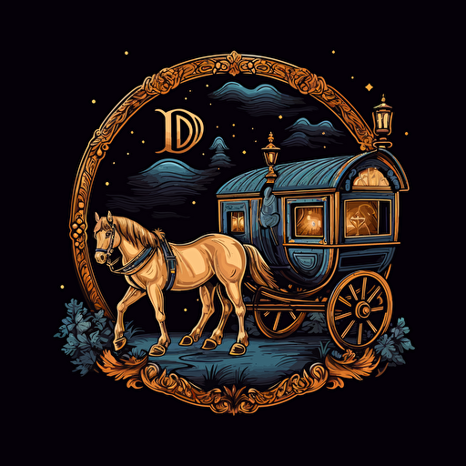 D&D wagon and horse icon, vector, black background