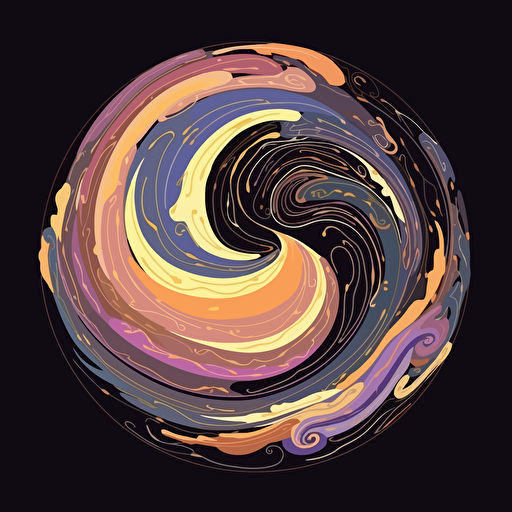 earth on black background, 2d vector, spirals, purple, yellow, white, orange and pastel colors