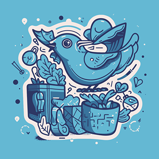 A blue bird with a magnifying glass flies over gift boxes. Vector minimalist doodle like