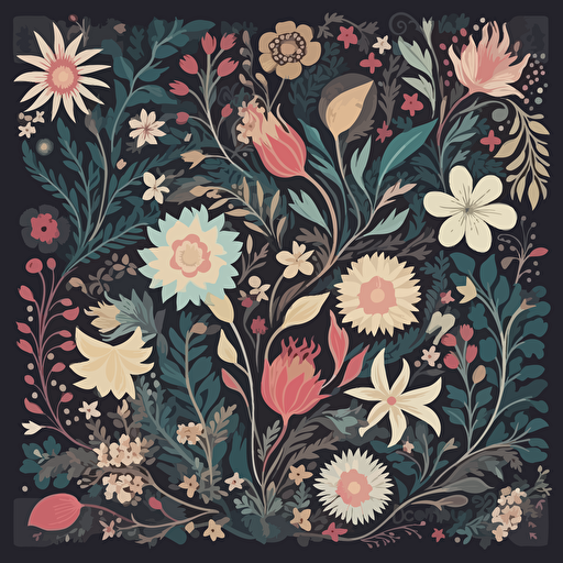 a floral pattern on black background, 2d vector, pastel colors